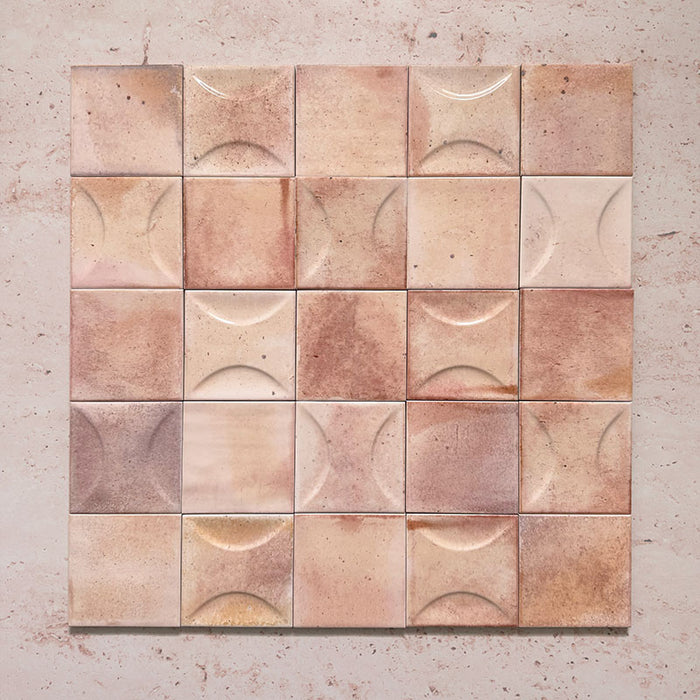Beijing Rose Pink Square 10x10cm Moroccan-style ceramic wall tiles mixed with Decor Square tiles, styled in a grouped layout to highlight their curved relief pattern and soft pink glaze.