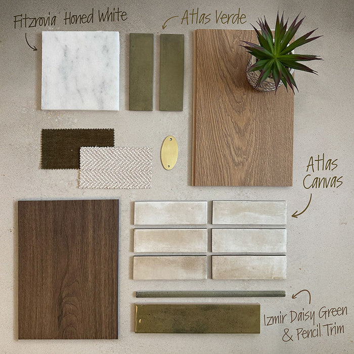 Moodboard featuring Izmir Brick Daisy Green Gloss 6x25cm tiles with matching pencil trim, paired with Fitzrovia Honed White marble, Atlas Verde and Canvas tiles, and warm wood tones for a natural, contemporary interior scheme.