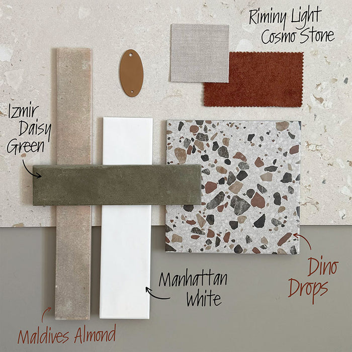 Moodboard featuring Izmir Brick Daisy Green Gloss 6x25cm tiles paired with Riminy Light Cosmo Stone, Maldives Almond, Manhattan White, and Dino Drops terrazzo tiles, complemented by warm tan and terracotta fabric swatches for a modern earthy look.