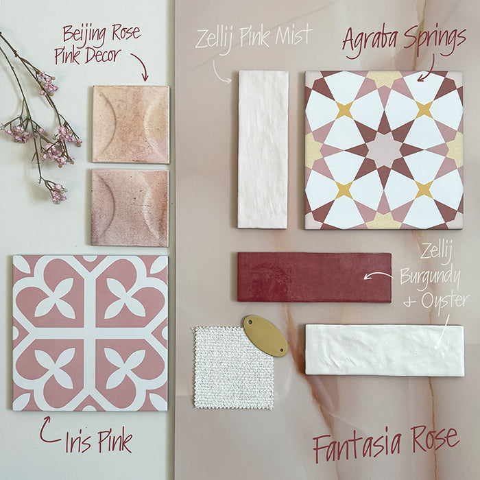 Interior tile moodboard featuring Zellij Oyster Brick Moroccan-style tiles in a 6.5cm x 20cm brick format, styled alongside pink patterned tiles, soft rose tones, and textured surfaces to showcase a warm, elegant colour palette.