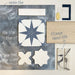 Izmir Brick Blanco Gloss Wall Tiles 6x25cm — featured in a design moodboard pairing the soft white gloss finish with rich blues and natural wood tones. Shown alongside Pole Star Blue, Dohar Bone Star & Cross, and Fitzrovia Honed Viola, this combination highlights Izmir Blanco’s versatility for both classic and contemporary interiors.