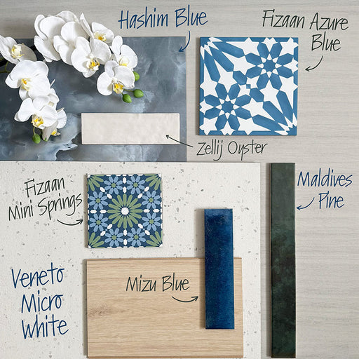 Moodboard featuring Fizaan Azure Blue 20x20cm Moroccan-style porcelain tiles, paired with complementary blue, white and green tile samples, textured finishes and natural materials to showcase coordinated interior design inspiration.
