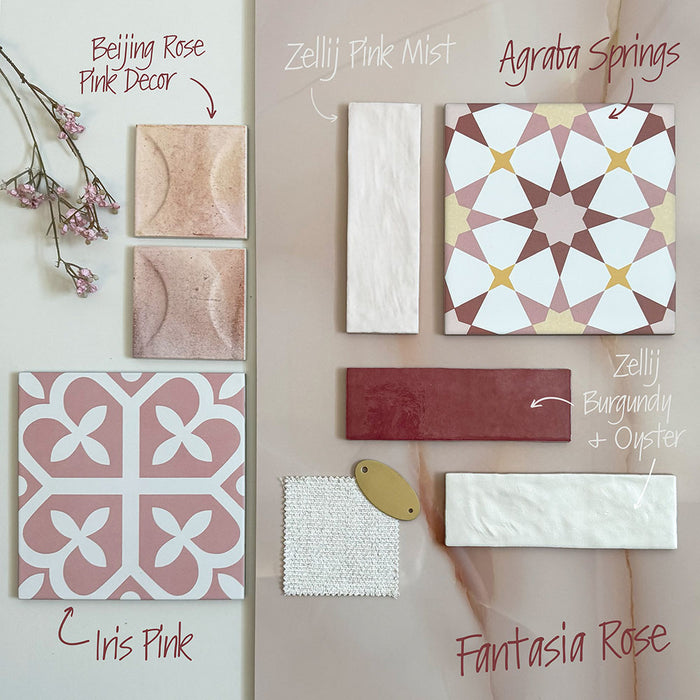 Beijing Rose Pink Decor Square 10x10cm Moroccan-style tile moodboard — paired with warm blush tones, burgundy accents, and geometric patterns. A romantic mix of handcrafted textures and soft pink hues for elegant, contemporary interiors.