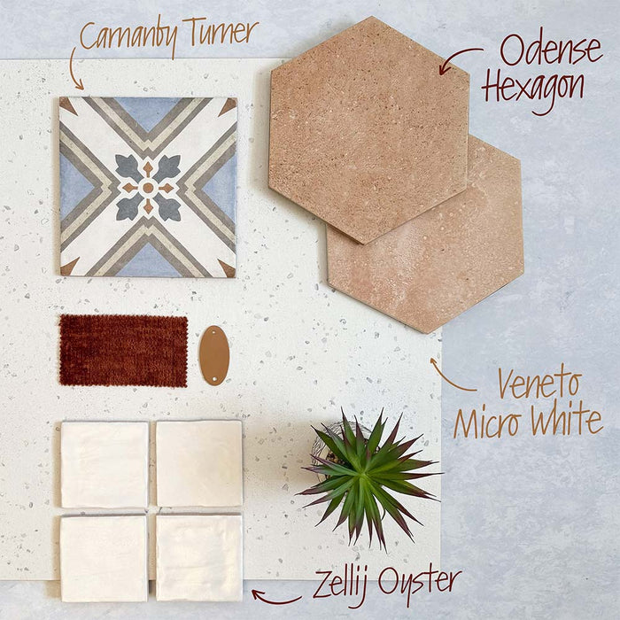 Moodboard featuring Carnaby Turner Victorian-style 20x20cm porcelain wall and floor tiles, paired with Odense Hexagon terracotta tiles, Veneto Micro White terrazzo-style surface, Zellij Oyster handmade-look tiles, a rust fabric swatch, a warm brown paint sample, and a small potted succulent for a coordinated design palette.
