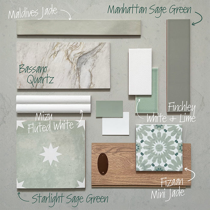 Interior moodboard showcasing Finchley White 7.5 × 15cm crackle glaze ceramic wall tiles alongside sage green, marble-effect and patterned tiles, highlighting a calm, cohesive palette for timeless kitchen and bathroom design inspiration.