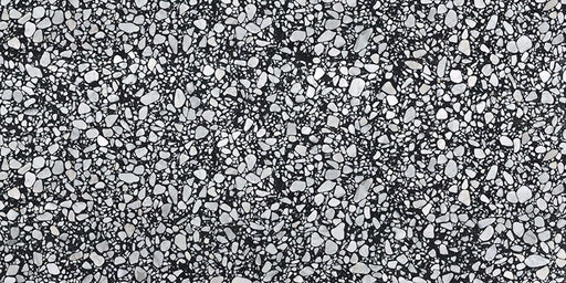 Noventa Terrazzo Nero 59x118cm matt porcelain tile, featuring a bold black terrazzo effect surface with contrasting white and grey stone fragments in a contemporary large-format design for walls and floors.