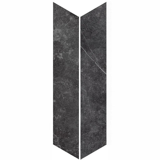 Product display of Obsidian Stone Chevron Nite 10x53cm stone-effect porcelain chevron tiles in dark charcoal tones, featuring subtle veining, textured detailing and a realistic natural stone appearance with a matt finish.