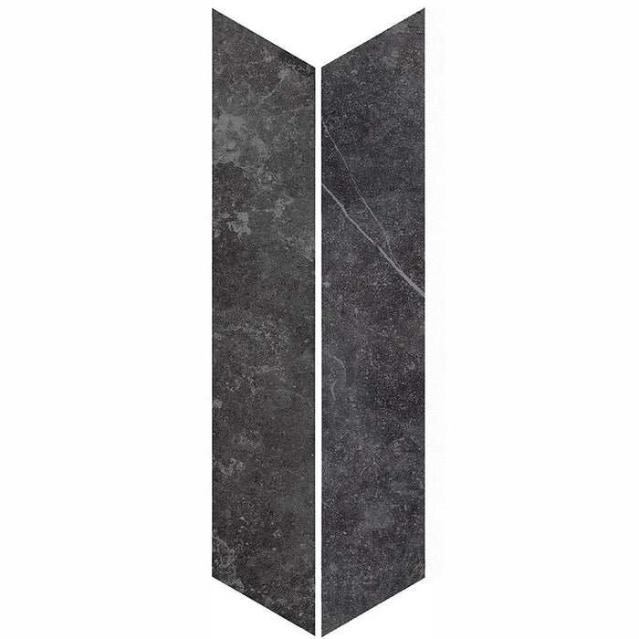 Product display of Obsidian Stone Chevron Nite 10x53cm stone-effect porcelain chevron tiles in dark charcoal tones, featuring subtle veining, textured detailing and a realistic natural stone appearance with a matt finish.