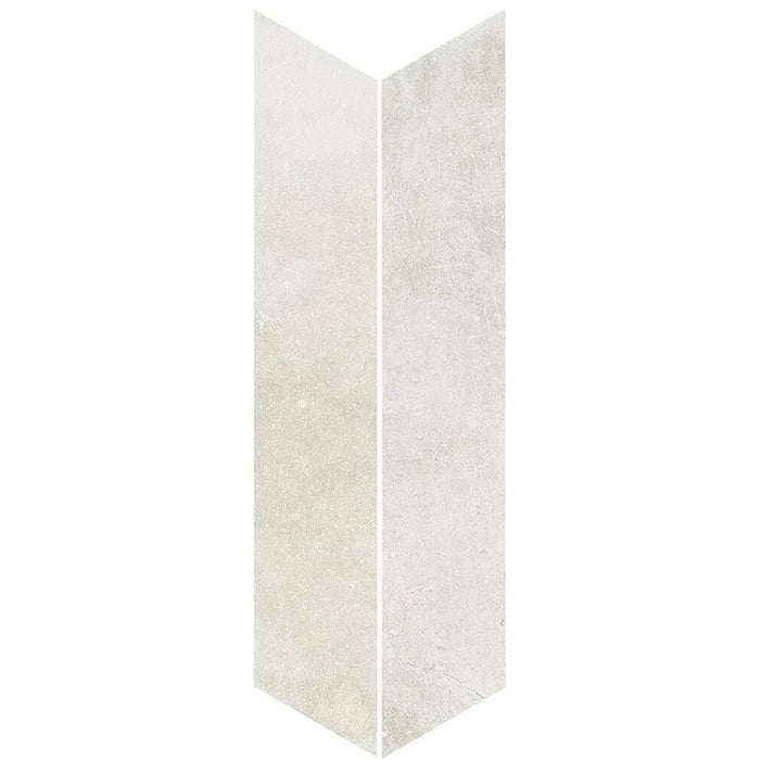 Product display of Obsidian Stone Chevron Silk 10x53cm stone-effect porcelain chevron tiles in soft light grey tones, featuring subtle texture, gentle tonal variation and a realistic natural stone appearance with a matt finish.