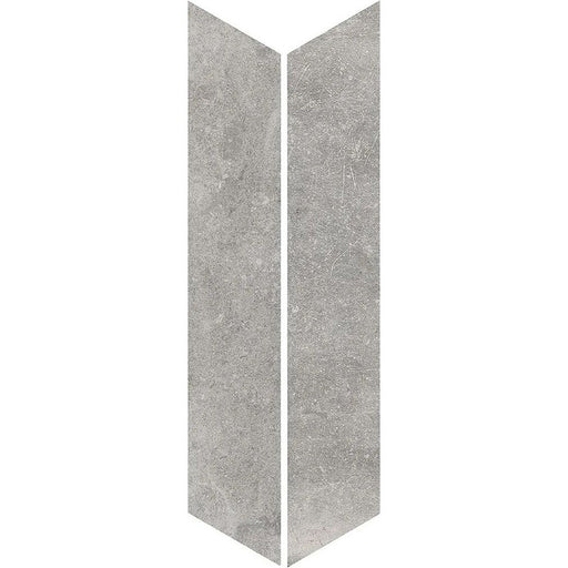 Product display of Obsidian Stone Chevron Titanium 10x53cm stone-effect porcelain chevron tiles in mid-grey tones, featuring subtle veining, textured detailing and a realistic natural stone appearance with a matt finish.