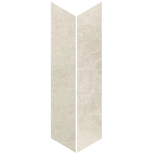 Product display of Obsidian Stone Chevron Sand 10x53cm stone-effect porcelain chevron tiles in soft beige tones, featuring subtle veining, textured detailing and a realistic natural stone appearance with a matt finish.