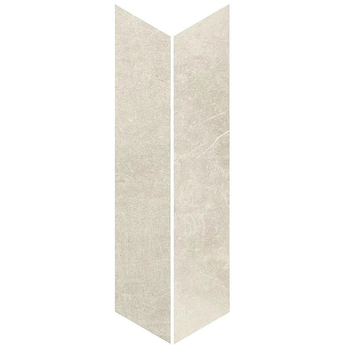 Product display of Obsidian Stone Chevron Sand 10x53cm stone-effect porcelain chevron tiles in soft beige tones, featuring subtle veining, textured detailing and a realistic natural stone appearance with a matt finish.