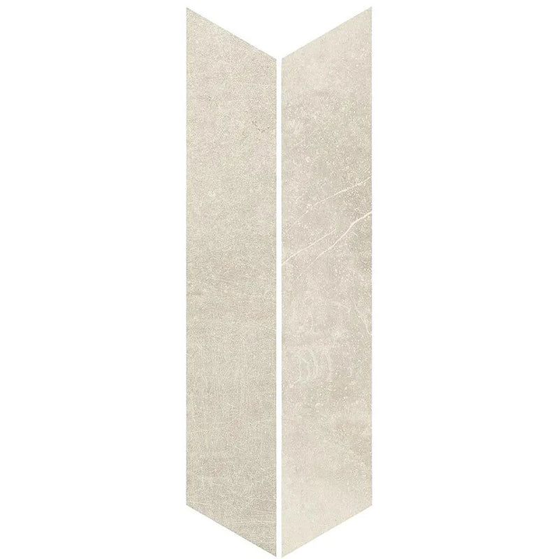 Product display of Obsidian Stone Chevron Sand 10x53cm stone-effect porcelain chevron tiles in soft beige tones, featuring subtle veining, textured detailing and a realistic natural stone appearance with a matt finish.