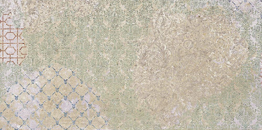 Boheme Ocean Blend 2cm 50 × 100cm patterned porcelain slab featuring a soft mix of blue, sage and beige tones with layered, aged-effect detailing. Subtle decorative motifs create a relaxed, characterful look ideal for outdoor spaces.