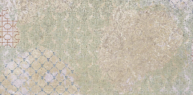 Boheme Ocean Blend 2cm 50 × 100cm patterned porcelain slab featuring a soft mix of blue, sage and beige tones with layered, aged-effect detailing. Subtle decorative motifs create a relaxed, characterful look ideal for outdoor spaces.