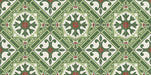 Close-up of Palma Corfu 2cm patterned outdoor slabs 50 × 100cm, featuring a bold Mediterranean-inspired geometric pattern in green, cream, and terracotta tones with a decorative vintage-style finish.