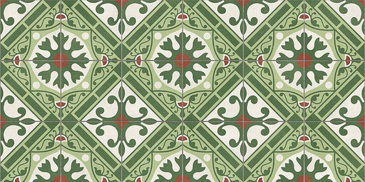 Close-up of Palma Corfu 2cm patterned outdoor slabs 50 × 100cm, featuring a bold Mediterranean-inspired geometric pattern in green, cream, and terracotta tones with a decorative vintage-style finish.