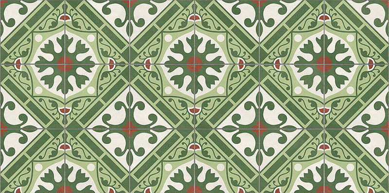 Close-up of Palma Corfu 2cm patterned outdoor slabs 50 × 100cm, featuring a bold Mediterranean-inspired geometric pattern in green, cream, and terracotta tones with a decorative vintage-style finish.