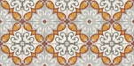 Close-up of Palma Gela 2cm patterned outdoor slabs 50 × 100cm, featuring a decorative Mediterranean-inspired pattern in terracotta, grey, white, and soft yellow tones with a vintage-style geometric finish.