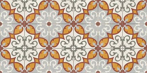 Close-up of Palma Gela 2cm patterned outdoor slabs 50 × 100cm, featuring a decorative Mediterranean-inspired pattern in terracotta, grey, white, and soft yellow tones with a vintage-style geometric finish.