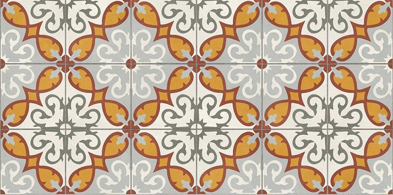 Close-up of Palma Gela 2cm patterned outdoor slabs 50 × 100cm, featuring a decorative Mediterranean-inspired pattern in terracotta, grey, white, and soft yellow tones with a vintage-style geometric finish.
