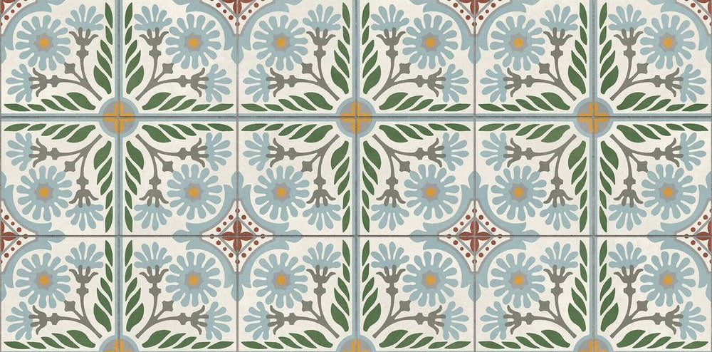 Close-up of Palma Olbia 2cm patterned outdoor slabs 50 × 100cm, featuring a decorative Mediterranean-inspired floral pattern in soft blue, green, grey, and terracotta tones with a weathered vintage-style finish.