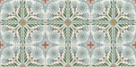 Close-up of Palma Olbia 2cm patterned outdoor slabs 50 × 100cm, featuring a decorative Mediterranean-inspired floral pattern in soft blue, green, grey, and terracotta tones with a weathered vintage-style finish.