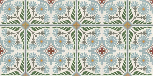 Close-up of Palma Olbia 2cm patterned outdoor slabs 50 × 100cm, featuring a decorative Mediterranean-inspired floral pattern in soft blue, green, grey, and terracotta tones with a weathered vintage-style finish.