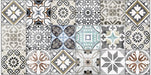 Close-up of Palma Patchwork 2cm patterned outdoor slabs 50 × 100cm, featuring a decorative patchwork-inspired mix of geometric and floral patterns in soft blue, grey, beige, cream, and terracotta tones.