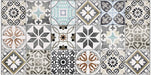 Close-up of Palma Patchwork 2cm patterned outdoor slabs 50 × 100cm, featuring a decorative patchwork-inspired mix of geometric and floral patterns in soft blue, grey, beige, cream, and terracotta tones.