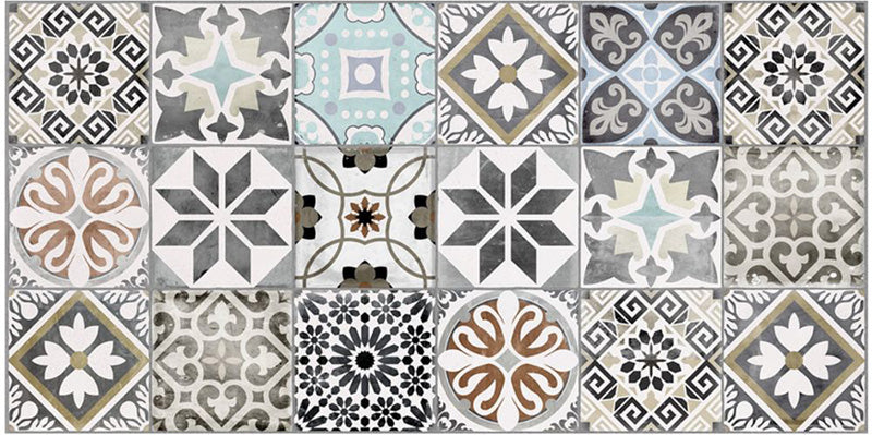 Close-up of Palma Patchwork 2cm patterned outdoor slabs 50 × 100cm, featuring a decorative patchwork-inspired mix of geometric and floral patterns in soft blue, grey, beige, cream, and terracotta tones.