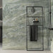 Bathroom featuring Paradis Marble Verde Green stone marble effect porcelain wall tiles in a 30cm x 60cm format, showcasing dramatic green, sage and soft white veining inspired by natural marble, paired with a contemporary walk-in shower, black shower screen, matte black brassware and minimalist accessories for a striking, luxurious bathroom design.