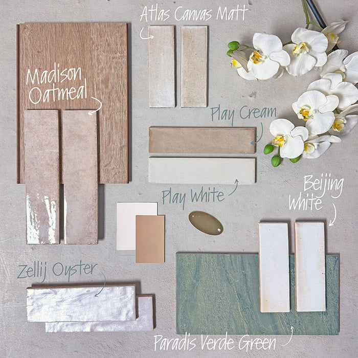 Moodboard featuring Paradis Marble Verde Green stone marble effect porcelain tiles in a 30cm x 60cm format, paired with Zellij Oyster pearlescent wall tiles, Madison Oatmeal, Atlas Canvas Matt, Play Cream and Play White brick tiles, and Beijing White tiles, creating a calming palette of soft greens, warm neutrals and natural textures for contemporary kitchens and bathrooms.