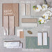 Moodboard featuring Paradis Marble Verde Green stone marble effect porcelain tiles in a 30cm x 60cm format, paired with Zellij Oyster pearlescent wall tiles, Madison Oatmeal, Atlas Canvas Matt, Play Cream and Play White brick tiles, and Beijing White tiles, creating a calming palette of soft greens, warm neutrals and natural textures for contemporary kitchens and bathrooms.