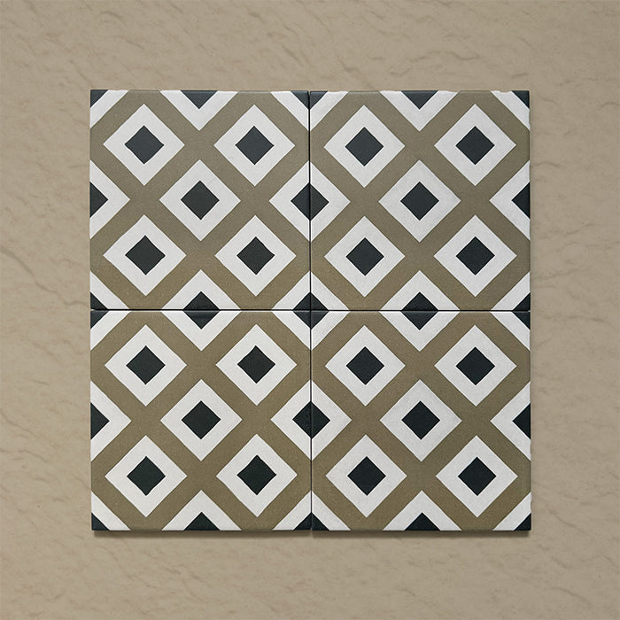 Four-tile layout of Carnaby Park Road Victorian-style 20x20cm porcelain wall and floor tiles, highlighting the repeating olive, white, and black diamond geometric pattern.