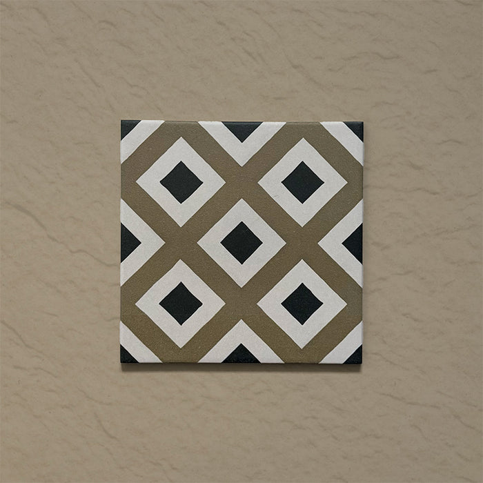 Single tile from the Carnaby Park Road Victorian-style collection, 20x20cm porcelain wall and floor tile, featuring a repeating diamond geometric pattern in olive, white, and black tones.