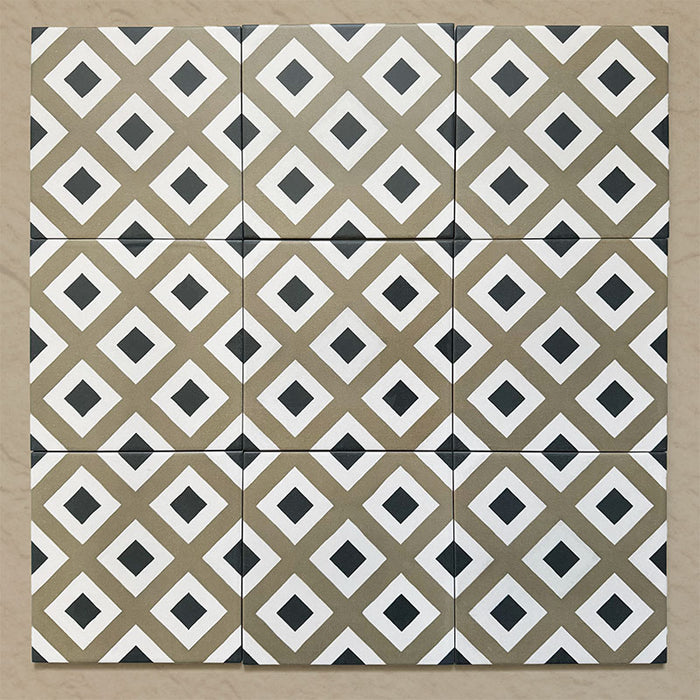 Grouped layout of Carnaby Park Road Victorian-style 20x20cm porcelain wall and floor tiles, showing the full repeating olive, white, and black diamond geometric pattern.