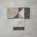 Flatlay featuring Dino Terrazzo Blanco Decor 20x20cm terrazzo-style ceramic tiles, showing a group of patchwork designs with mixed geometric patterns in white, terracotta, green, and black tones.