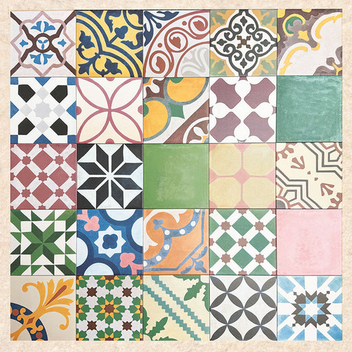 Fihrdos Patchwork Moroccan-style 20x20cm patterned porcelain tiles displayed as a full selection, showcasing a mix of colourful geometric and traditional decorative designs.