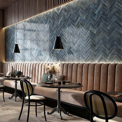 Izmir Brick Blue Gloss 6x25cm — restaurant setting.
Rich in tone and texture, these glossy blue brick tiles bring depth and drama to the space. Their handcrafted variation and reflective surface catch the light beautifully, creating a sophisticated backdrop ideal for statement feature walls in restaurants, bars, or contemporary interiors.