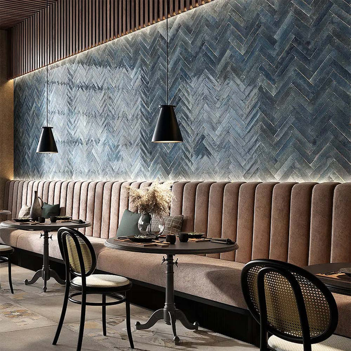 Izmir Brick Blue Gloss 6x25cm — restaurant setting.
Rich in tone and texture, these glossy blue brick tiles bring depth and drama to the space. Their handcrafted variation and reflective surface catch the light beautifully, creating a sophisticated backdrop ideal for statement feature walls in restaurants, bars, or contemporary interiors.