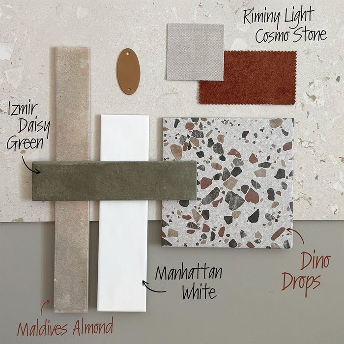 Moodboard featuring Riminy Light Cosmo Stone wall and floor tiles 60 × 120cm, styled with green glazed tiles, terrazzo-inspired surfaces, warm neutral textures, brass accents, and contemporary minimalist material samples.