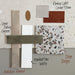 Moodboard featuring Riminy Light Cosmo Stone wall and floor tiles 60 × 120cm, styled with green glazed tiles, terrazzo-inspired surfaces, warm neutral textures, brass accents, and contemporary minimalist material samples.