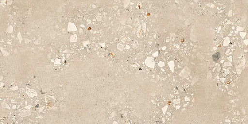 Riminy Sand 20mm Thick Outdoor Cosmo Stone 60 × 120cm porcelain tile slab, featuring a warm terrazzo-effect design with scattered natural stone fragments, soft sand-toned concrete styling, and subtle tonal variation for a refined contemporary outdoor finish.