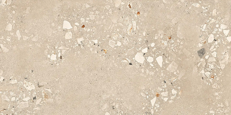 Riminy Sand 20mm Thick Outdoor Cosmo Stone 60 × 120cm porcelain tile slab, featuring a warm terrazzo-effect design with scattered natural stone fragments, soft sand-toned concrete styling, and subtle tonal variation for a refined contemporary outdoor finish.
