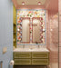 Bathroom interior featuring Rippled Brick Base Stony Pink 5 × 20cm matt ceramic wall tiles, laid vertically with fine linear detail, paired with a glass shower enclosure, terrazzo-effect flooring, and a playful, colour-led vanity area.