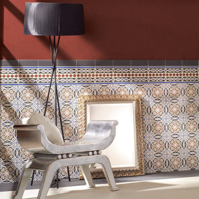 Empire Blue 15x15cm Victorian tiles used in an elegant room setting, featuring intricate floral and geometric motifs in blue, terracotta, grey, and white tones with matching decorative borders for a classic heritage interior.