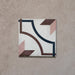 Single tile of the Carnaby Rose Victorian-style 20x20cm porcelain wall and floor tile, featuring a pink, brown, and navy geometric pattern on a soft aged white background.