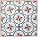 Grouped layout of Carnaby Rose Victorian-style 20x20cm porcelain wall and floor tiles, showing the full repeating pink, brown, and navy geometric star pattern on an aged white background.