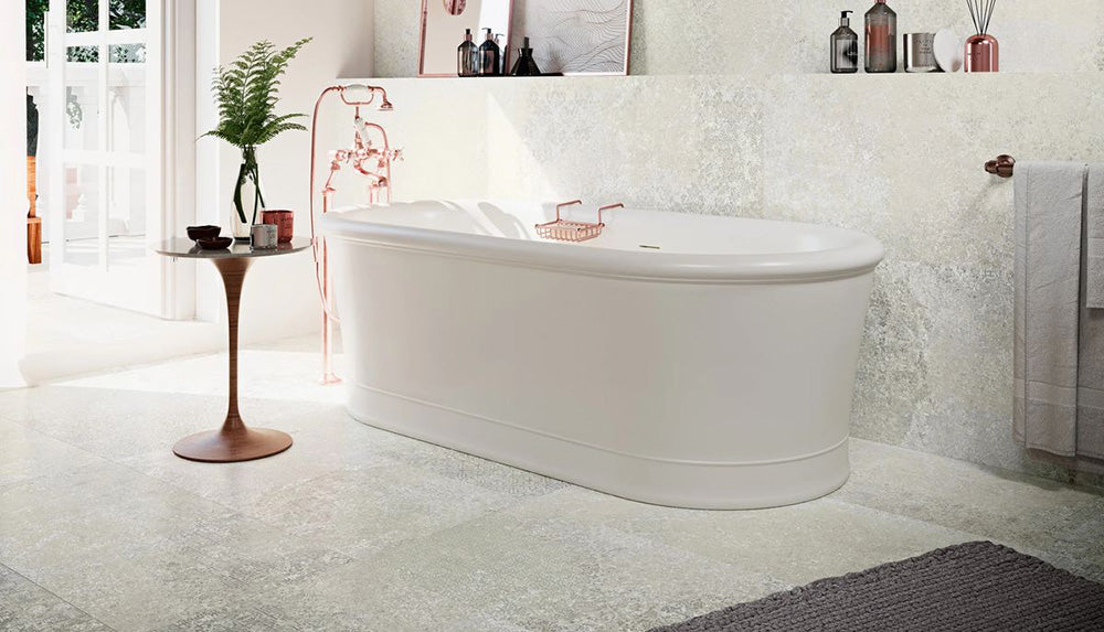 Bathroom setting featuring Boheme Sahara 60 × 60cm patterned tiles, blending soft neutral tones with a gently weathered, decorative effect. Ideal for creating a calm, textured look across bathroom floors and walls.